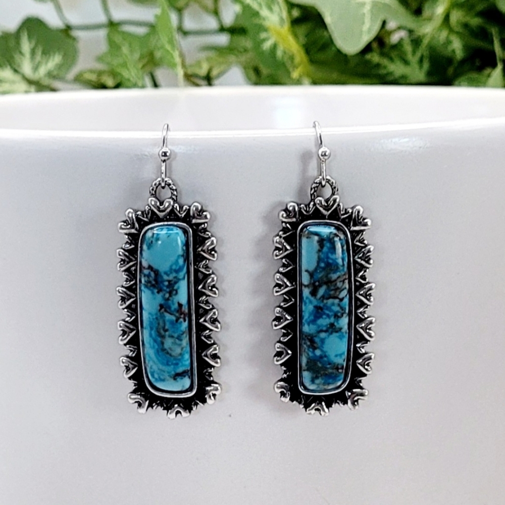 Western Marbled Turquoise And Silver Dangle Bar Earrings New
